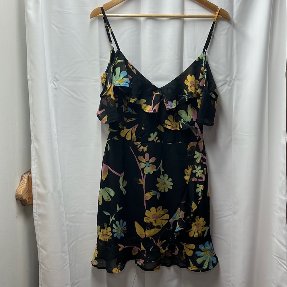 Urban Outfitters Black Yellow Floral Flutter Cold Shoulder Dress- S